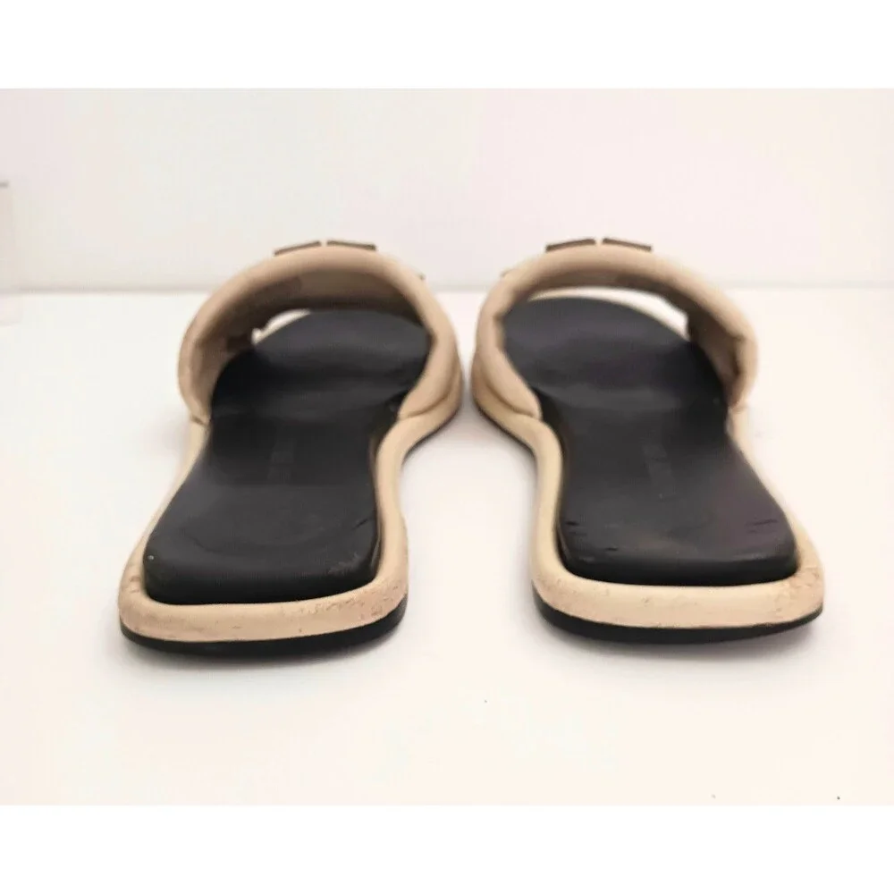 Tory Burch Double T Logo Sport Slide Cream/ Black Leather Wide Straps 7.5M